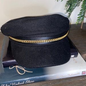 All Black, Wool Sailor’s Hat. Leather band w/ gold chain and stud on both sides
